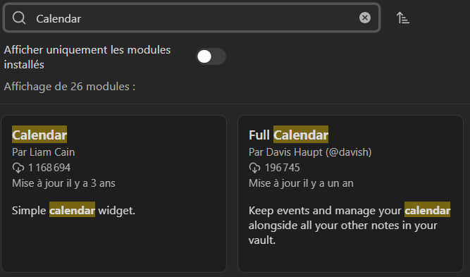 Rechercher le module Calendar