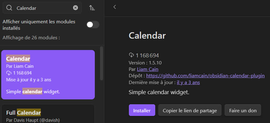 Installer le module Calendar