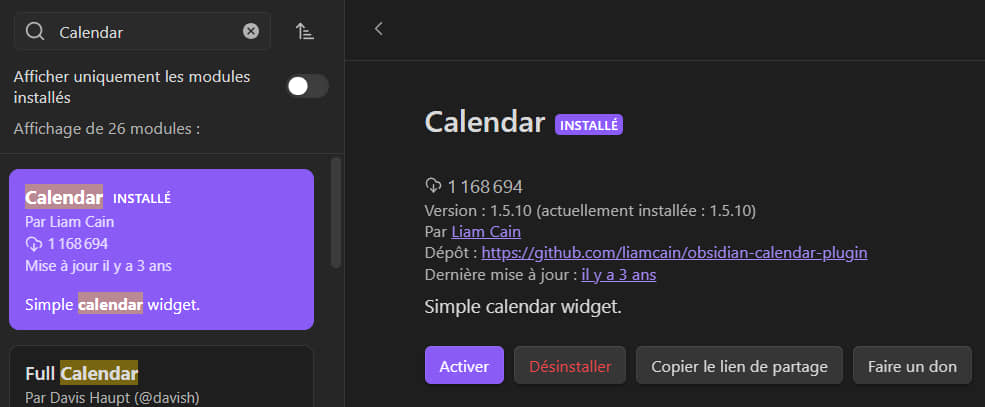 Activer le module Calendar